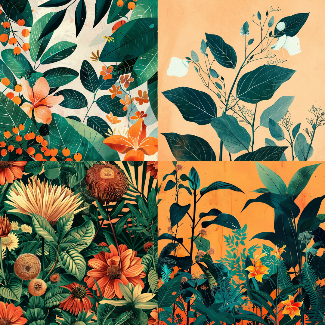Tropical botanica illustration series created from an AI image prompt.