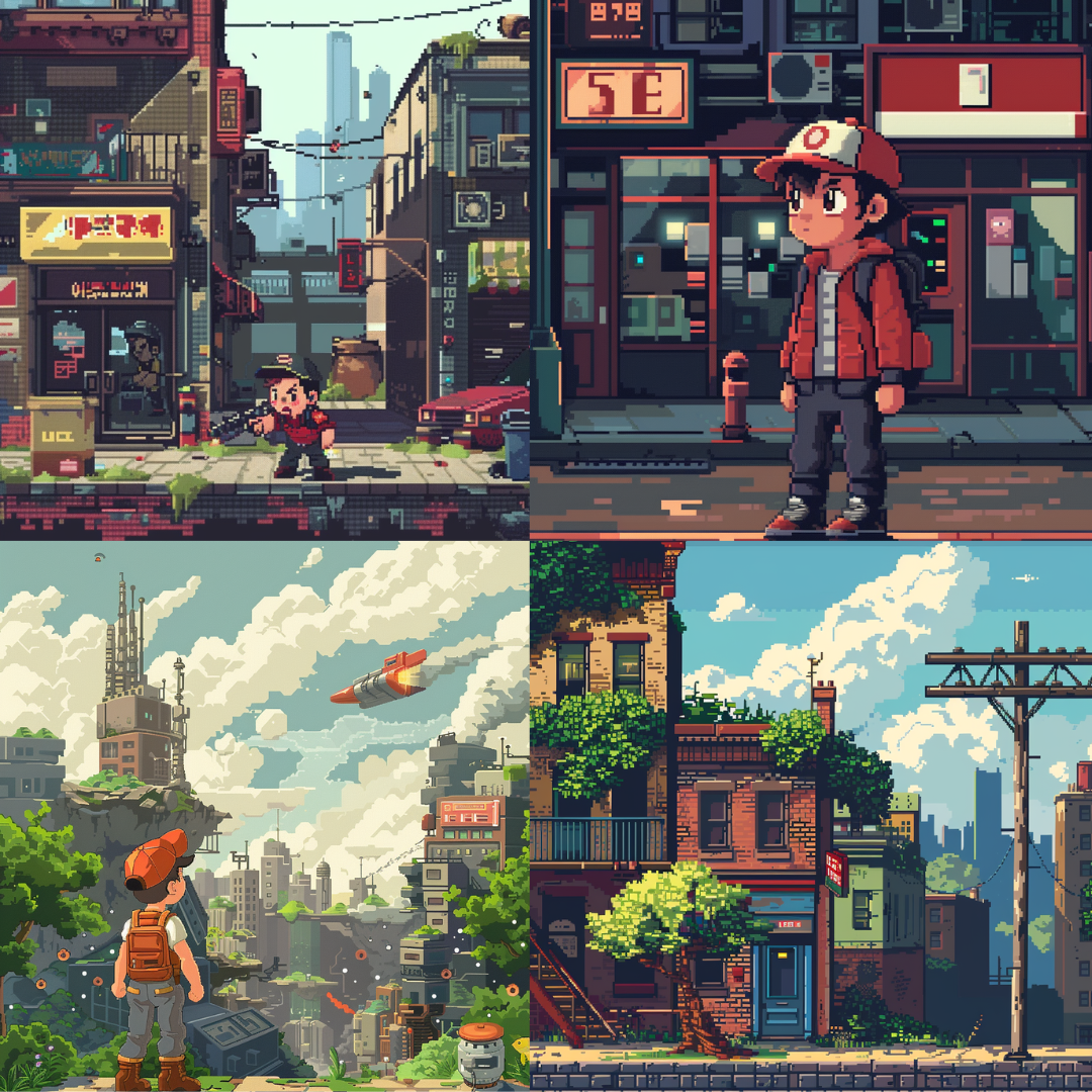 AI MidJourney Image Prompt, Pixelated City Serenity, 51618-bit style, Animation, cartoon, Charming simplicity, City at dusk, Digital nostalgia, Evening cityscape, midjourney, Moonlit ambience, Pixel art, Pixelated skyline, Retro game aesthetic, Serene urban life, Urban scene, Vintage graphics