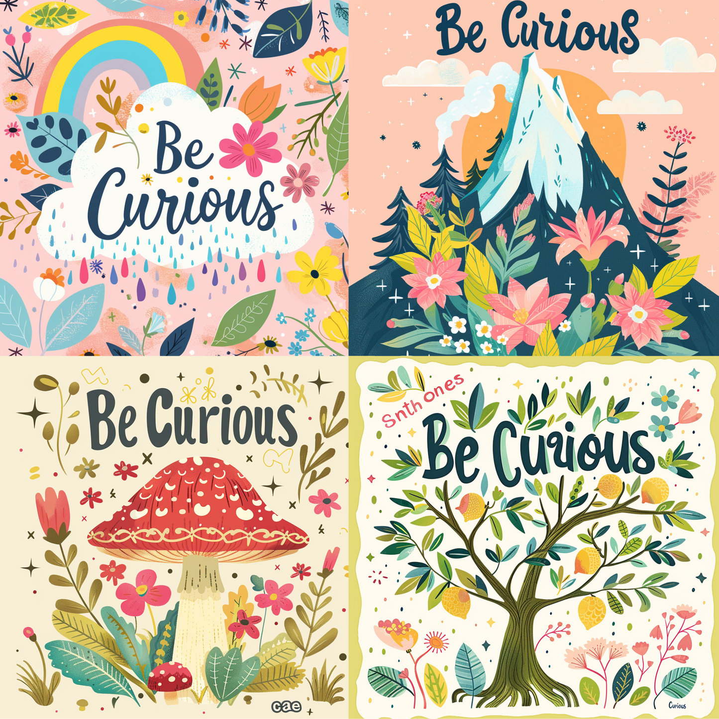 Be Curious: Nature's Wonders AI MidJourney Image Prompt, 8022artistic, be curious, creative, exploration, inspirational, midjourney, motivational, mountain, mushroom, nature, playful, positive message, rainbow, tree, typography, whimsical