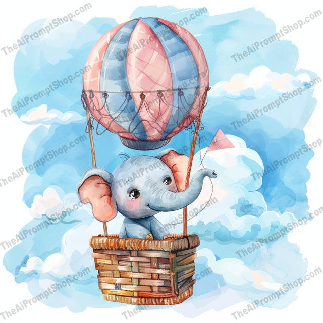 Cute Animals Flying in Hot Air Balloons AI MidJourney Image Prompt, 9438 Storybook Illustrations, midjourney, cute, animals, hot air balloons, fox, rabbit, elephant, panda, watercolor, whimsical, adorable, flying, clouds, dreamy, gentle, soft colors, pastel, illustration, sky, children, nursery, fantasy, Midjourney, Ai, Ai Image Prompt, Image Prompt, Prompt