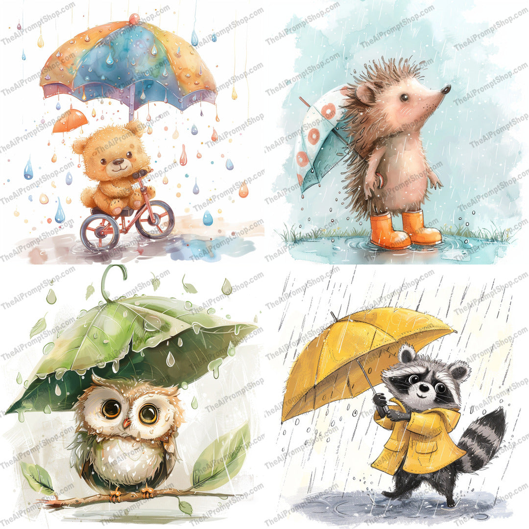 Cute Animals in Rain AI MidJourney Image Prompt, 8858 Animals, midjourney, cute animals, rainy day, umbrellas, raincoats, adorable animals, whimsical art, children's illustration, animal characters, weather theme, illustrated animals, soft colors, storybook art, watercolor style, illustration, kids art, cute illustration, charming animals, animal friends, rainy weather, digital art, Midjourney, Ai, Ai Image Prompt, Image Prompt, Prompt