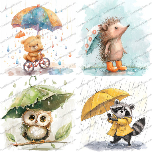 Cute Animals in Rain AI MidJourney Image Prompt, 8858 Animals, midjourney, cute animals, rainy day, umbrellas, raincoats, adorable animals, whimsical art, children's illustration, animal characters, weather theme, illustrated animals, soft colors, storybook art, watercolor style, illustration, kids art, cute illustration, charming animals, animal friends, rainy weather, digital art, Midjourney, Ai, Ai Image Prompt, Image Prompt, Prompt