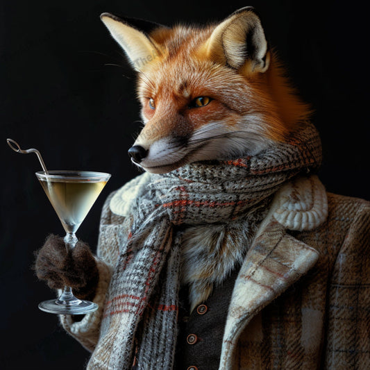 Vintage Animal Portrait AI MidJourney Image Prompt, 8246anthropomorphic, characterful, charming, decor, detailed, elegant art, fox, interiormidjourney, martini, nostalgic, plaid suit, scarf, sophisticated, stylized, vintage animal portrait, whimsical