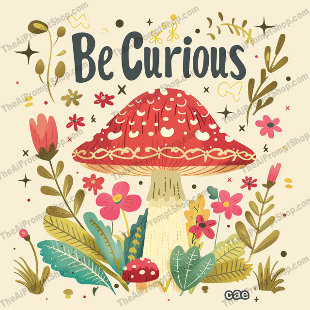 Be Curious: Nature's Wonders AI MidJourney Image Prompt, 8022artistic, be curious, creative, exploration, inspirational, midjourney, motivational, mountain, mushroom, nature, playful, positive message, rainbow, tree, typography, whimsical