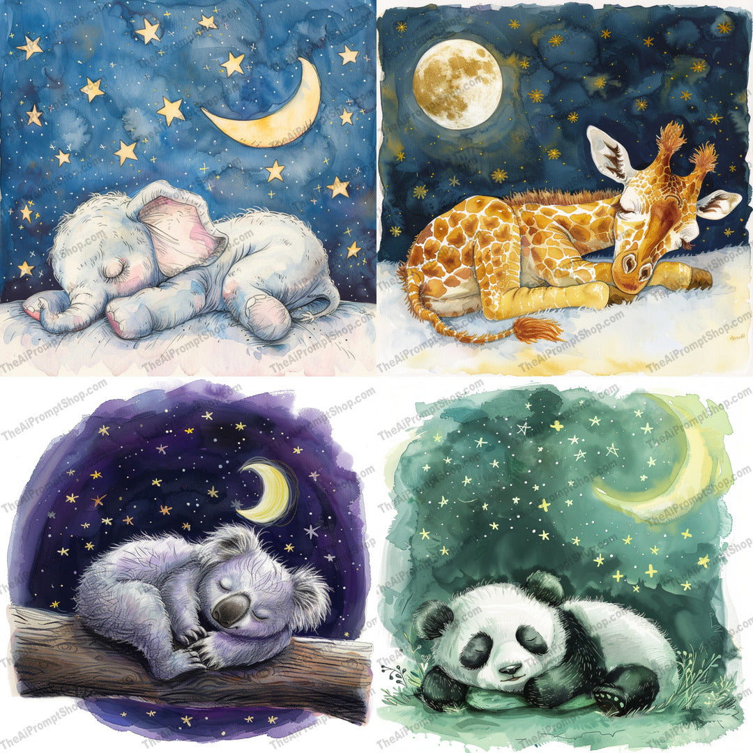 Dreamy Nighttime Animals AI MidJourney Image Prompt, 9658 Storybook Illustrations, midjourney, baby elephant, giraffe, koala, panda bear, sleeping animals, nighttime, starlit sky, crescent moon, whimsical, serene, dreamy, watercolor style, peaceful, cute animals, illustration, calm, wonder, children's art, nursery decor, animal art, Midjourney, Ai, Ai Image Prompt, Image Prompt, Prompt