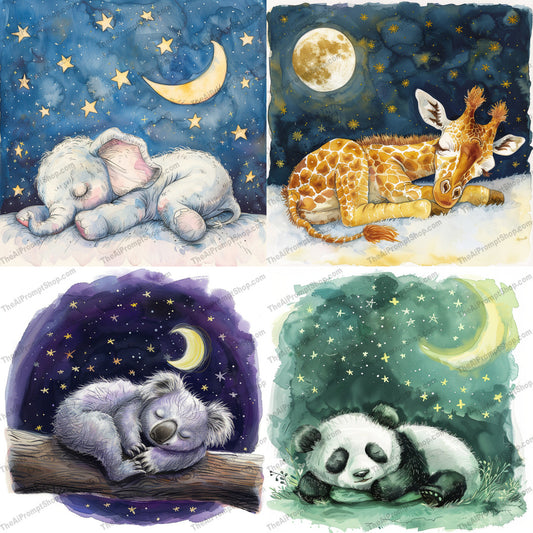 Dreamy Nighttime Animals AI MidJourney Image Prompt, 9658 Storybook Illustrations, midjourney, baby elephant, giraffe, koala, panda bear, sleeping animals, nighttime, starlit sky, crescent moon, whimsical, serene, dreamy, watercolor style, peaceful, cute animals, illustration, calm, wonder, children's art, nursery decor, animal art, Midjourney, Ai, Ai Image Prompt, Image Prompt, Prompt