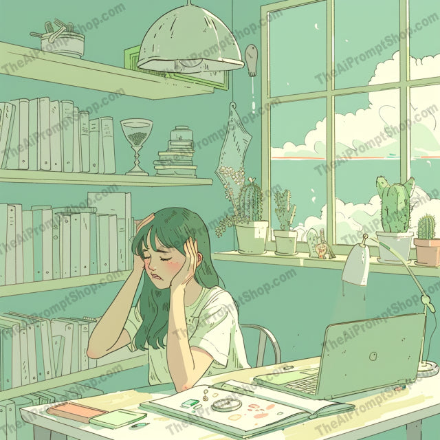 Whimsical Study Moments AI MidJourney Image Prompt, 9469 Anime, midjourney, whimsical, study, serene, characters, nostalgic, environment, mellow colors, tranquil, imaginative, desks, books, stationery, clock, interior, shelves, window, mountain view, desk setup, toys, reading, learning, Midjourney, Ai, Ai Image Prompt, Image Prompt, Prompt