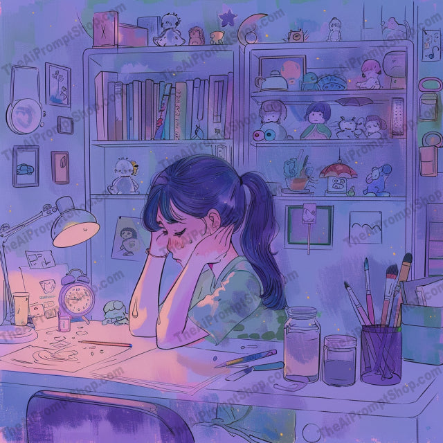 Whimsical Workspace Art AI MidJourney Image Prompt, 9468 Storybook Illustrations, midjourney, whimsical, workspace, cozy, magic, wonder, illustration, creative, late-night, imaginative, art, desk, books, plants, lamps, night, interior, home office, cute, decor, curiosity, serenity, Midjourney, Ai, Ai Image Prompt, Image Prompt, Prompt