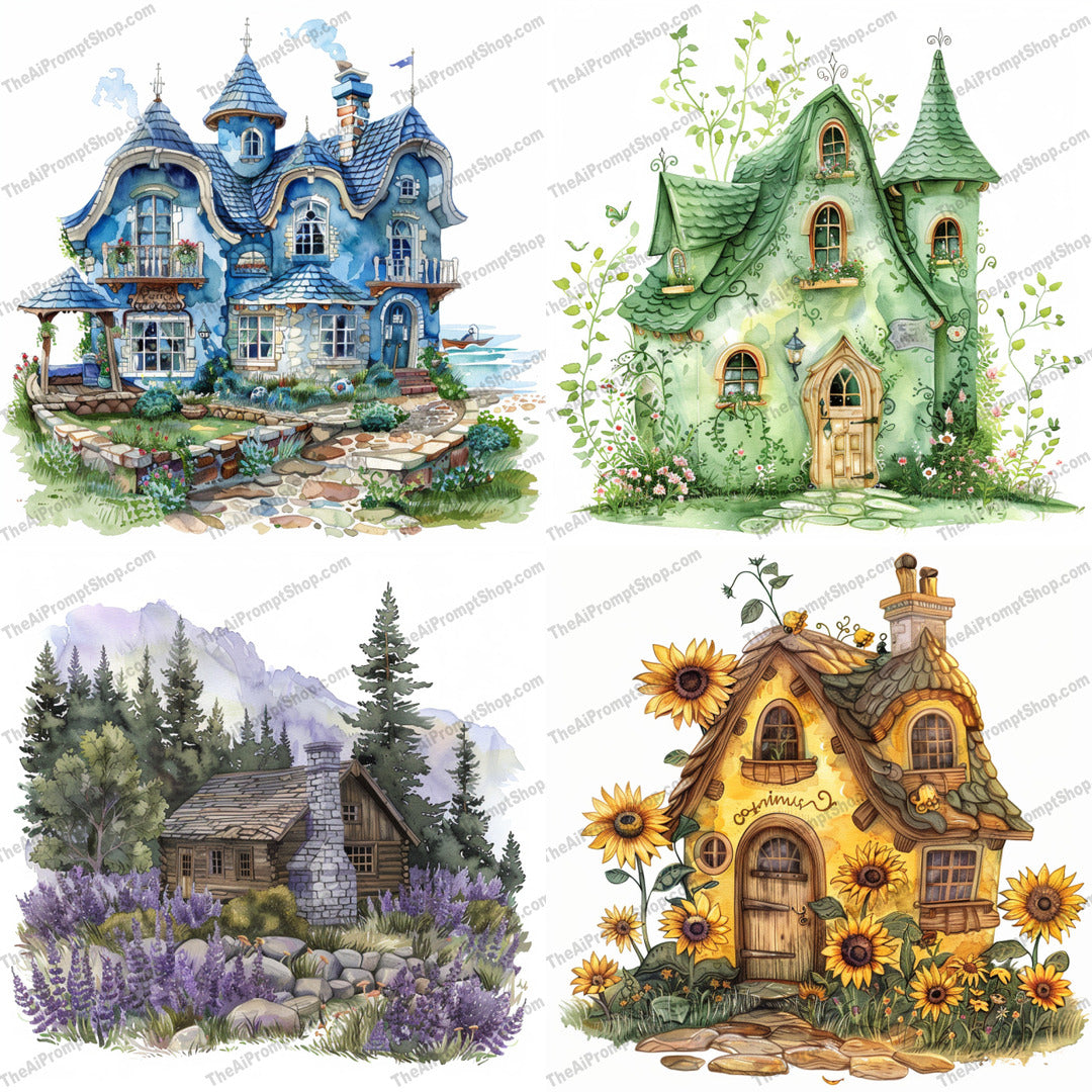 Whimsical Fairy Tale Houses AI MidJourney Image Prompt, 9653 Fantasy, midjourney, whimsical, fairy tale, house, illustration, storybook, magical, enchanted, fantasy, architecture, flowers, greenery, charming, detailed, art, fantastical, dreamlike, imaginative, creative, lush, vibrant, Midjourney, Ai, Ai Image Prompt, Image Prompt, Prompt