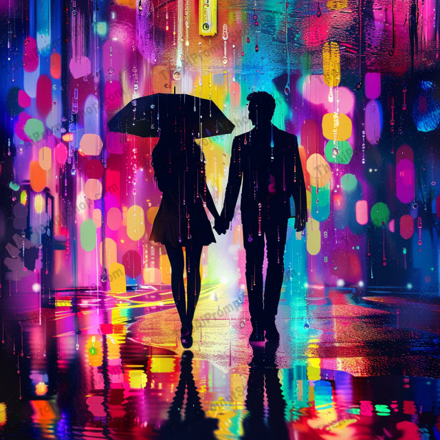 Colorful Nighttime Romance AI MidJourney Image Prompt, 8775 Storybook Illustrations, midjourney, romance, night, colorful, neon, silhouettes, couple, intimate, artistic, splashes, vibrant, love, urban, reflections, nightlife, dreamy, electric, bright, modern art, city lights, passion, relationship, Midjourney, Ai, Ai Image Prompt, Image Prompt, Prompt