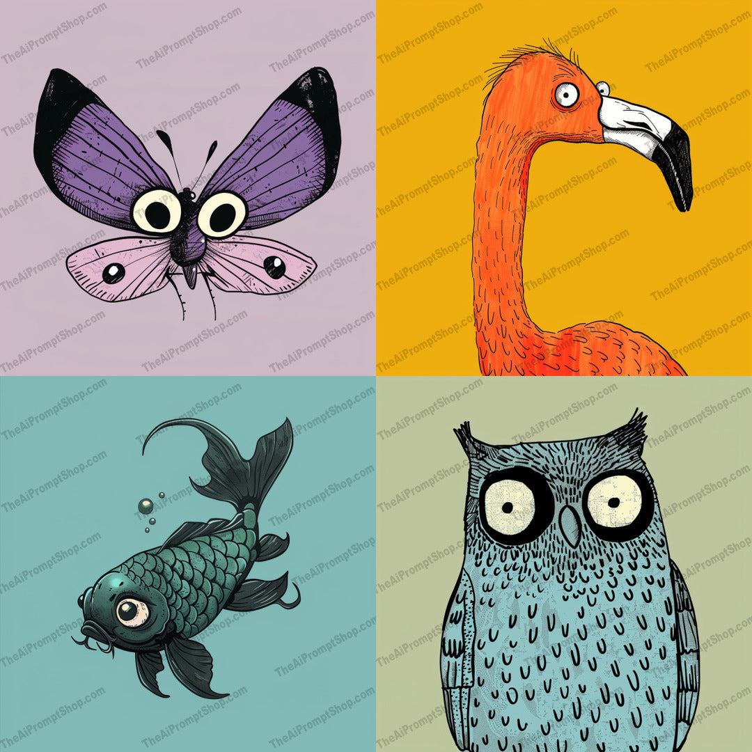 Quirky Animal Illustrations AI MidJourney Image Prompt, 9415 Animals, midjourney, quirky, animal, illustration, whimsical, colorful, owl, flamingo, fish, butterfly, art, creative, fun, playful, cartoonish, exaggerated, vibrant, unique, artwork, background, creature, Midjourney, Ai, Ai Image Prompt, Image Prompt, Prompt
