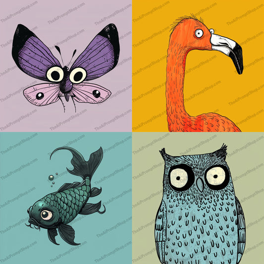 Quirky Animal Illustrations AI MidJourney Image Prompt, 9415 Animals, midjourney, quirky, animal, illustration, whimsical, colorful, owl, flamingo, fish, butterfly, art, creative, fun, playful, cartoonish, exaggerated, vibrant, unique, artwork, background, creature, Midjourney, Ai, Ai Image Prompt, Image Prompt, Prompt