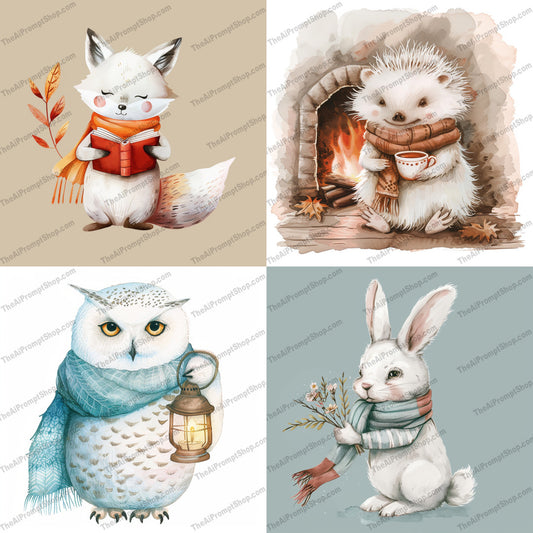 Cute Woodland Animals AI MidJourney Image Prompt, 9057 Animals, midjourney, woodland, animals, illustration, cute, adorable, cozy, whimsical, fox, hedgehog, rabbit, owl, autumn, nature, forest, storybook, art, cute animals, woodland creatures, soft colors, warm atmosphere, Midjourney, Ai, Ai Image Prompt, Image Prompt, Prompt