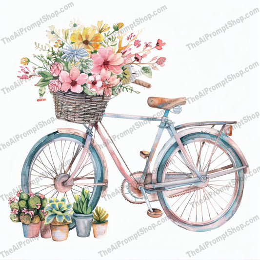 Vintage Boho Illustration AI MidJourney Image Prompt, 8455Ai, Ai Image Prompt, art, bike, bohemian, books, charming, delicate, elegant, Florals, flowers, fruit cart, greeting cards, home decor, illustration, Image Prompt, midjourney, motorcycle, nostalgic, pastel, prints, Prompt, rustic, van, vintage, watercolor