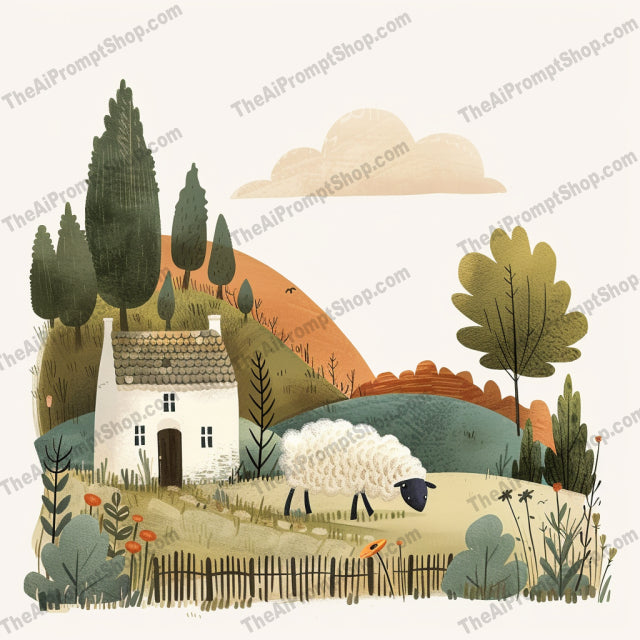 Tranquil Countryside Scene AI MidJourney Image Prompt, 9489 Storybook Illustrations, midjourney, countryside, landscape, tranquility, cottage, farm animals, rural life, serene, picturesque, hills, nature, peaceful, artwork, illustration, calm, idyllic, pastoral, fields, meadow, watercolor, scenery, Midjourney, Ai, Ai Image Prompt, Image Prompt, Prompt