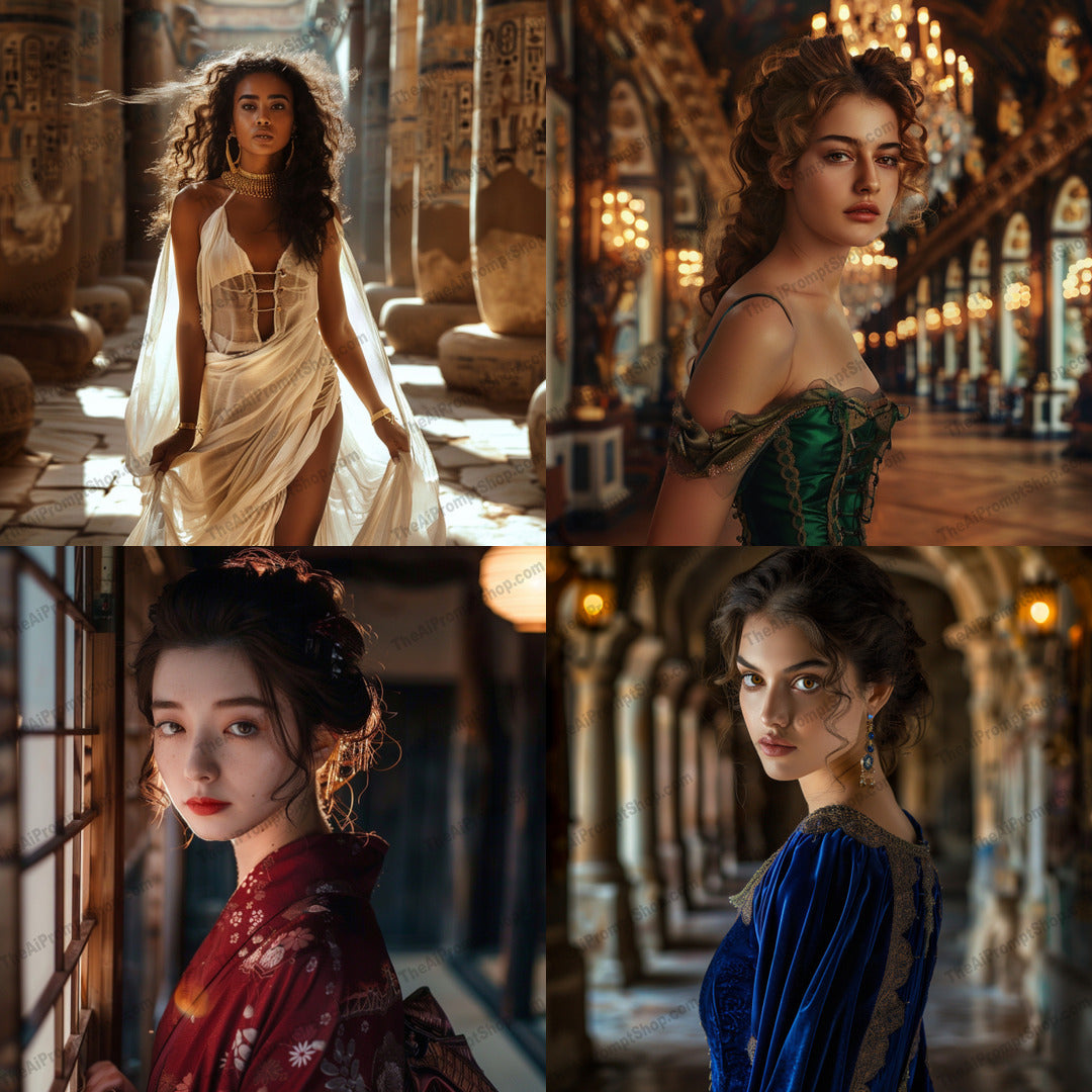 Elegant Historical Fashion Portrait AI MidJourney Image Prompt, 8845 Animals, midjourney, elegant portrait, historical fashion, regal attire, opulence, flowing gowns, intricate details, exquisite fashion, sophisticated style, cultural blend, artistic background, luxurious, vintage fashion, timeless elegance, majestic look, ornate dresses, classical style, costume design, fashion photography, historical depiction, cultural attire, Midjourney, Ai, Ai Image Prompt, Image Prompt, Prompt