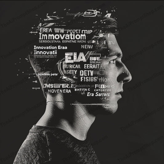 Innovative Silhouette Art AI MidJourney Image Prompt, 8196artistic, black and white, contemporary art, creative, digital art, futuremidjourney, futuristic, graphic design, head profile, innovative design, monochrome, side profile, silhouette modern art, sleek, stylish, tech words, technology, typography