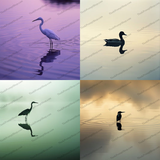 Reflection of Birds on Water AI MidJourney Image Prompt, 9311 Animals, midjourney, bird, reflection, water, tranquility, sunset, serene, peaceful, solitude, soft colors, nature, wildlife, calm, stillness, beautiful, high quality, artistic, landscape, photography, elegant, minimalistic, Midjourney, Ai, Ai Image Prompt, Image Prompt, Prompt