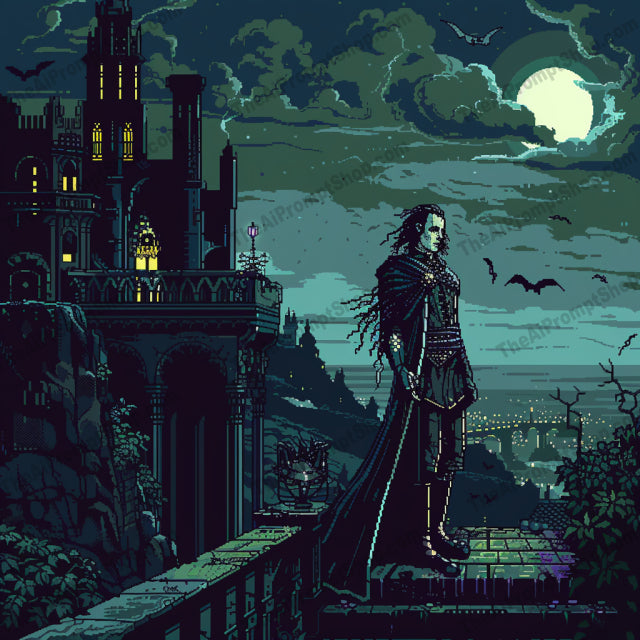 Pixel Art Superheroes AI MidJourney Image Prompt, 9238 Animation & Cartoons, midjourney, pixel art, superheroes, gothic, dark, night, castle, Batman, Iron Man, Wonder Woman, vampire, moonlight, mysterious, detailed, intricate, 8-bit, retro, digital art, character design, fantasy, vigilante, Midjourney, Ai, Ai Image Prompt, Image Prompt, Prompt