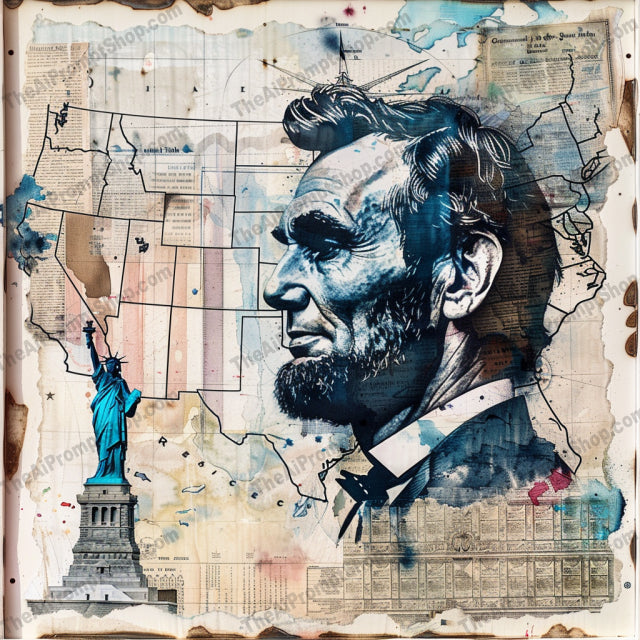 Artistic American History Collage AI MidJourney Image Prompt, 8234abstract art, American history, artistic, collage, culture, geometric patterns, heritage, iconic symbols, maps, mixed media, modern art, patriotic, sophisticated, Statue of Liberty, textured art, unique designmidjourney, USA, vibrant colors, vintage look, watercolor