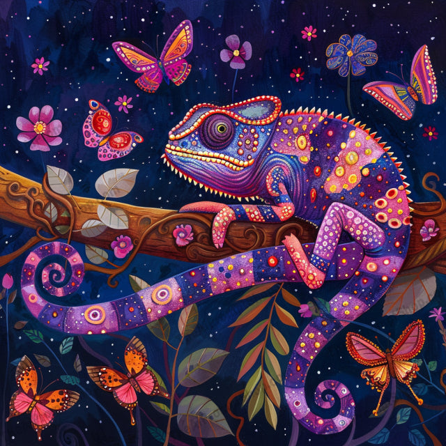 Whimsical Lizard Art AI MidJourney Image Prompt, 9425 Animals, midjourney, whimsical, lizard, colorful, illustration, magical, vibrant, patterns, dreamy, enchanting, art, nature, night, fantasy, animal, decorative, garden, forest, butterflies, flowers, surreal, Midjourney, Ai, Ai Image Prompt, Image Prompt, Prompt