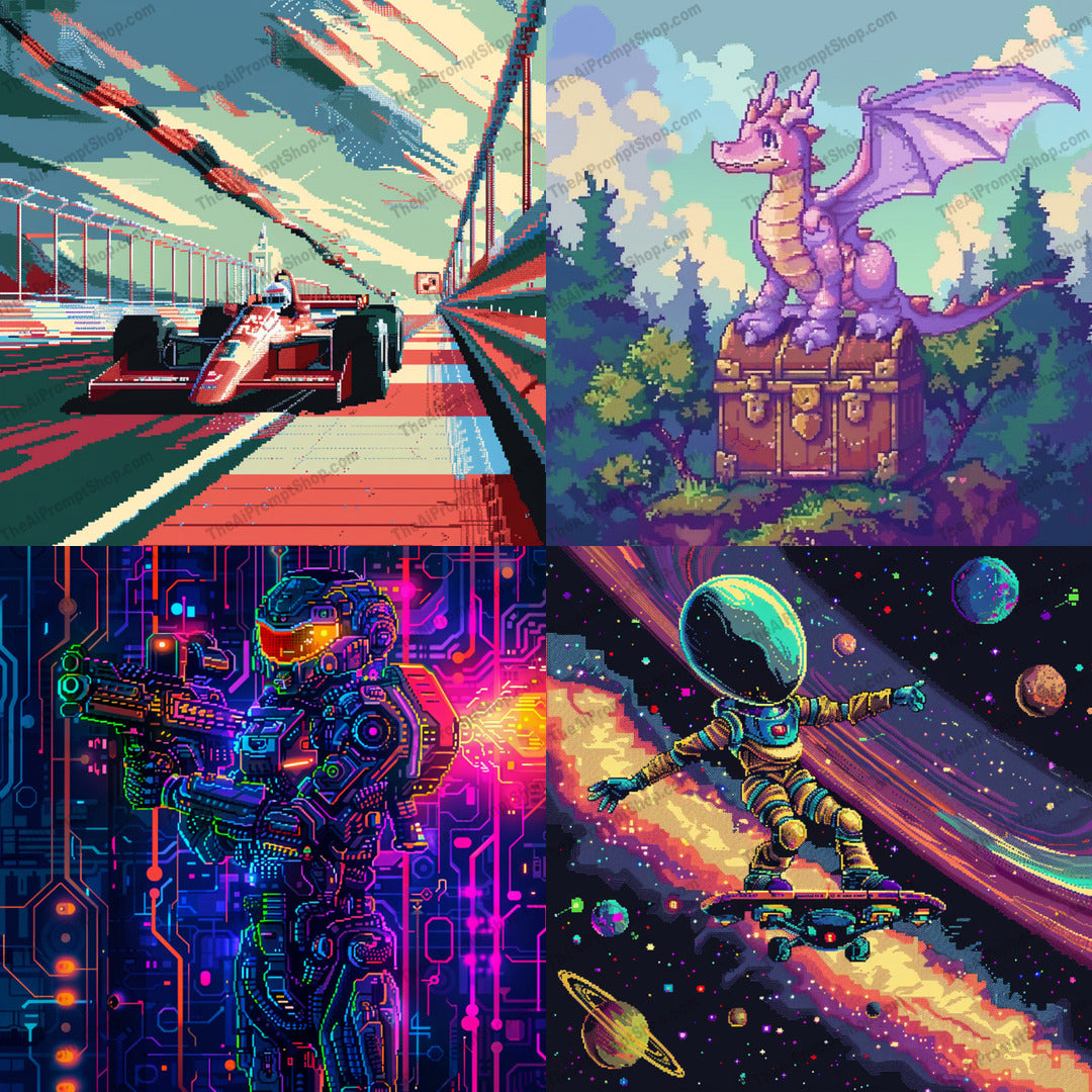 Pixel Art Collage AI MidJourney Image Prompt, 9527 Futuristic, midjourney, pixel art, retro, futuristic, racing, dragon, cybernetic, soldier, astronaut, cosmic, vibrant, detailed, classic, video game graphics, mythical, space, cyberpunk, fantasy, high-speed, technology, alien planets, adventure, Midjourney, Ai, Ai Image Prompt, Image Prompt, Prompt