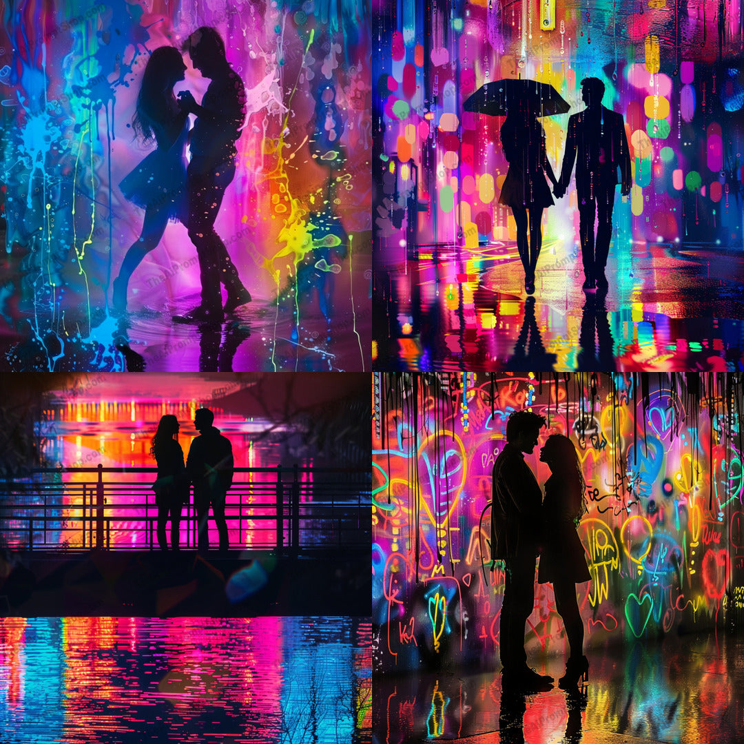 Colorful Nighttime Romance AI MidJourney Image Prompt, 8775 Storybook Illustrations, midjourney, romance, night, colorful, neon, silhouettes, couple, intimate, artistic, splashes, vibrant, love, urban, reflections, nightlife, dreamy, electric, bright, modern art, city lights, passion, relationship, Midjourney, Ai, Ai Image Prompt, Image Prompt, Prompt