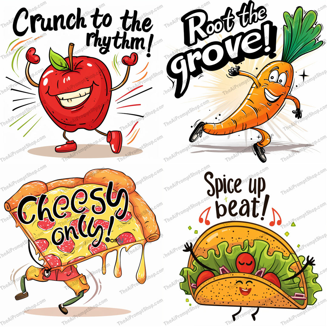 Dancing Food Characters AI MidJourney Image Prompt, 8923 Animation & Cartoons, midjourney, dancing food, food characters, fun illustration, playful food, cheerful art, food with faces, cartoon food, happy food, energetic illustration, food dance, funny food, apple character, carrot character, pizza character, taco character, food party, comic food, illustrated food, dancing apple, dancing carrot, dancing pizza, dancing taco, Midjourney, Ai, Ai Image Prompt, Image Prompt, Prompt