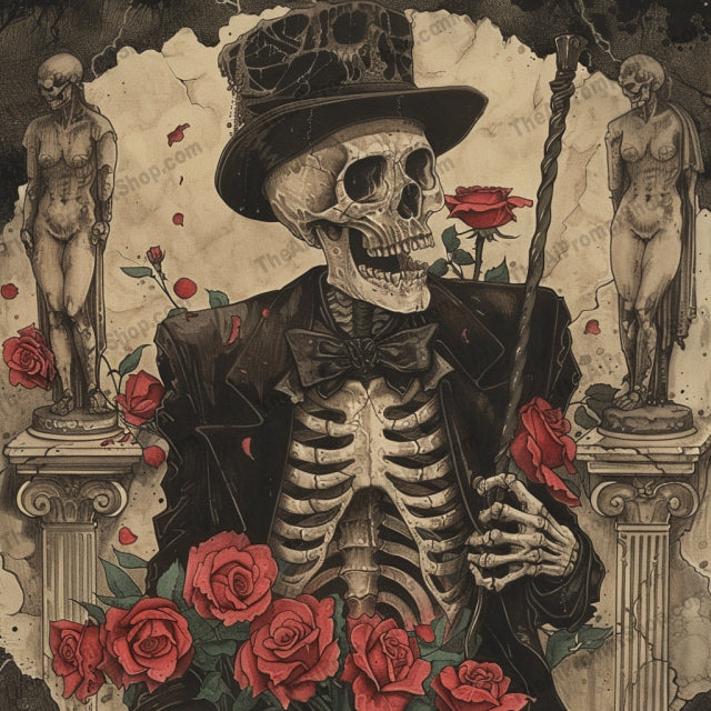 Gothic Phantom Art AI MidJourney Image Prompt, 8241antiquated clothing, cemetery, dark, ethereal, fantasymidjourney, ghostly figure, gothic architecture, gothic art, graveyard, haunted mansion, haunting, morbid, mysterious, phantom, red and black cloak, romanticism, roses, skeletal, skeleton, supernatural, vintage