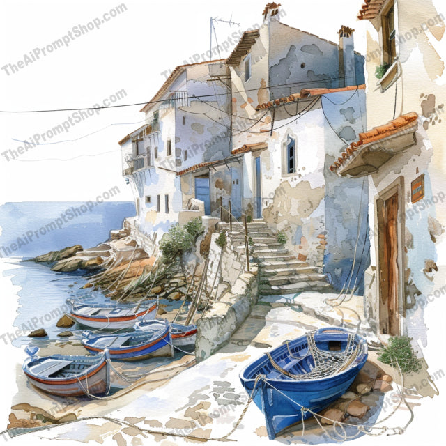 Charming Mediterranean Streetscape AI MidJourney Image Prompt, 8667Ai, Ai Image Prompt, architecture, art, charming, cobblestone, Europe, greenery, heritage, illustration, Image Prompt, Landscapes & Paintings, Mediterranean, midjourney, nature, painting, paths, peaceful, potted plants, Prompt, quaint, rustic buildings, serene, streetscape, village, watercolor