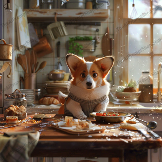 Adorable Dogs in the Kitchen AI MidJourney Image Prompt, 9106 Animals, midjourney, dogs, adorable, kitchen, aprons, cozy, well-lit, charming, whimsical, humor, decorations, social media, print, puppies, cooking, food, animals, cute, indoor, canine, pets, backgrounds, Midjourney, Ai, Ai Image Prompt, Image Prompt, Prompt