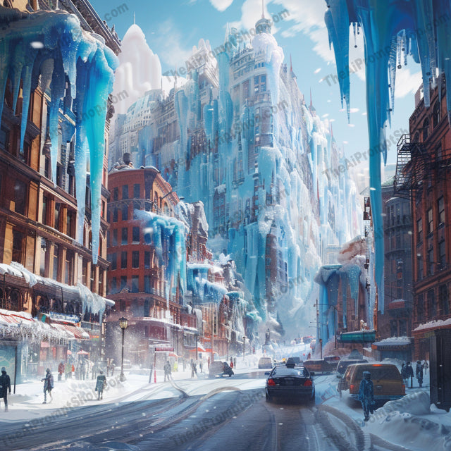 Vibrant Winter Cityscape AI MidJourney Image Prompt, 9401 Landscapes & Paintings, midjourney, winter, cityscape, icicles, colorful, vibrant, urban, snow, buildings, surreal, enchanting, icy structures, winter wonderland, city, street, cars, people, cold, frost, architecture, breathtaking, Midjourney, Ai, Ai Image Prompt, Image Prompt, Prompt