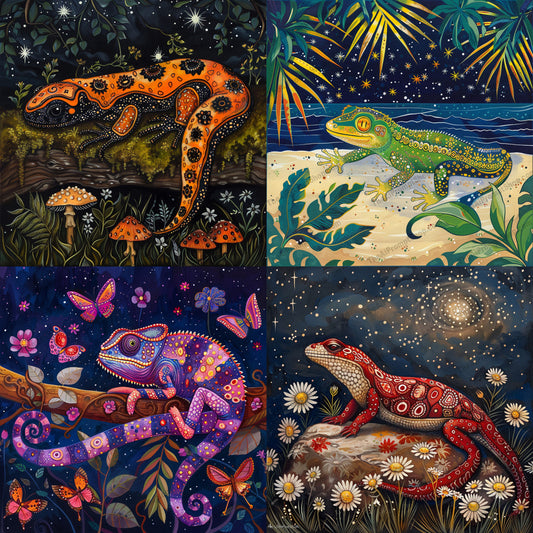 Whimsical Lizard Art AI MidJourney Image Prompt, 9425 Animals, midjourney, whimsical, lizard, colorful, illustration, magical, vibrant, patterns, dreamy, enchanting, art, nature, night, fantasy, animal, decorative, garden, forest, butterflies, flowers, surreal, Midjourney, Ai, Ai Image Prompt, Image Prompt, Prompt
