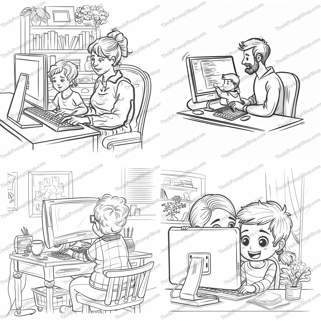 Adorable Parent-Child Digital Art AI MidJourney Image Prompt, 9537 Coloring Pages, midjourney, digital art, parent-child, family time, black and white, heartwarming, computer activities, cute illustrations, family bond, parental love, artistic, home scenes, nostalgia, tender moments, parenthood, children art, computer use, bonding time, home office, cartoon style, parenting, kids, Midjourney, Ai, Ai Image Prompt, Image Prompt, Prompt