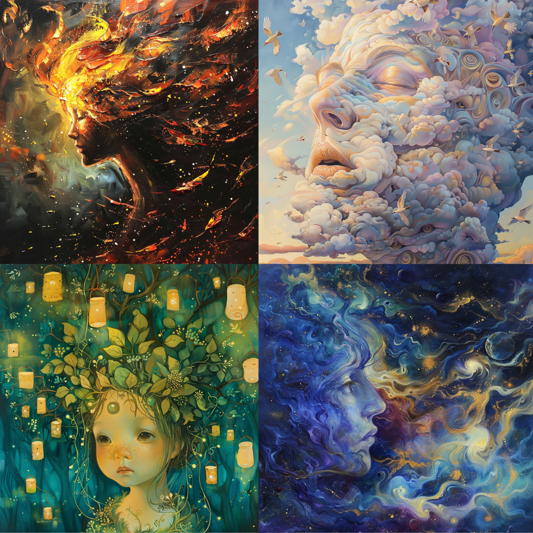 Ethereal Elemental Spirits AI MidJourney Image Prompt, 8041AI image prompts, artistic creativity, artistic exploration, cloud deities, cosmic guardians, creative inspiration, creative prompts, elemental spirits, ethereal visuals, fantasy characters, fire element, forest nymphs, imaginative designs, midjourney, nature elements, otherworldly visuals, storytelling art