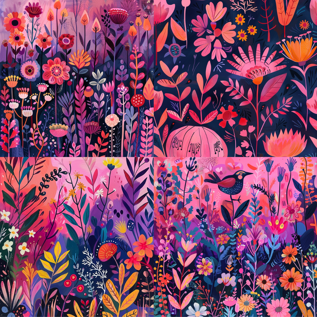 Enchanted garden illustration in a whimsical style created from an AI image prompt.
