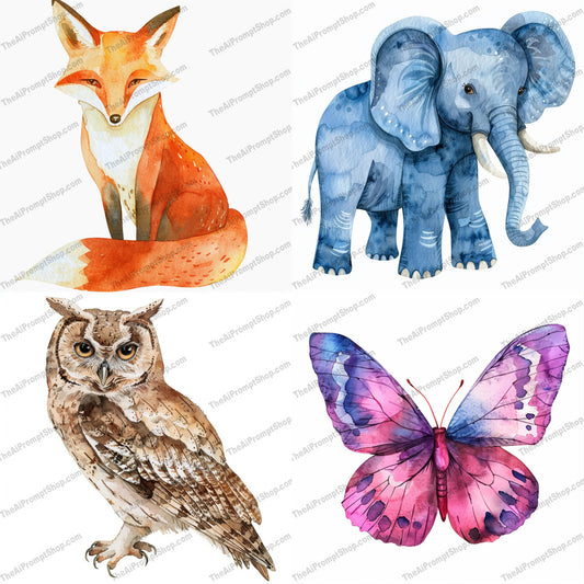 Watercolor Animal Portrait AI MidJourney Image Prompt, 9557 Animals, midjourney, watercolor, animal portrait, nature, whimsical, artwork, home decor, gift idea, colorful, beautiful, detailed, hand-painted, nature-inspired, animal lover, wildlife, vibrant, delicate brushwork, unique, creative, single image, decorative, Midjourney, Ai, Ai Image Prompt, Image Prompt, Prompt