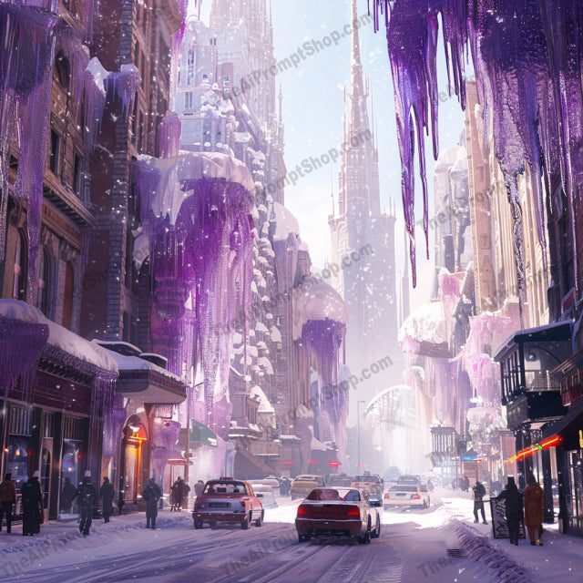 Vibrant Winter Cityscape AI MidJourney Image Prompt, 9401 Landscapes & Paintings, midjourney, winter, cityscape, icicles, colorful, vibrant, urban, snow, buildings, surreal, enchanting, icy structures, winter wonderland, city, street, cars, people, cold, frost, architecture, breathtaking, Midjourney, Ai, Ai Image Prompt, Image Prompt, Prompt