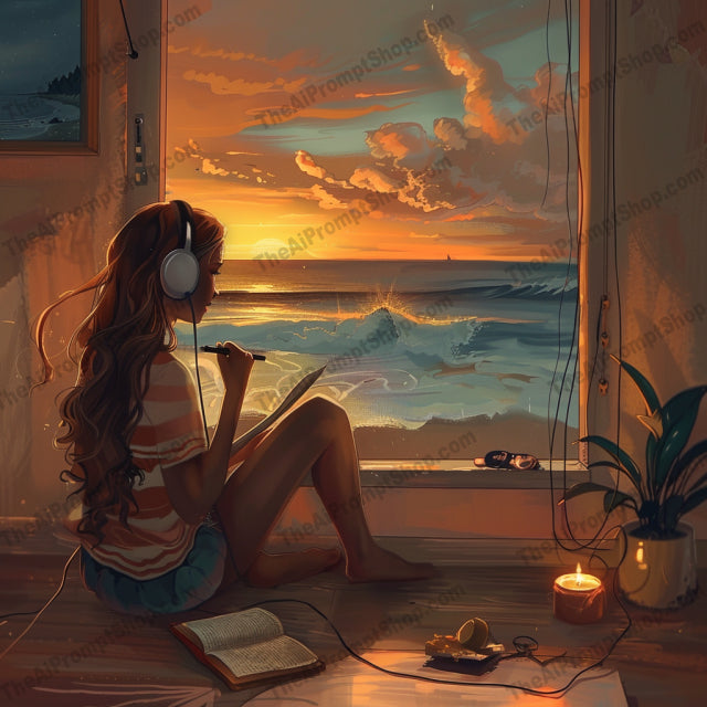 Tranquil Digital Escapes AI MidJourney Image Prompt, 8349Ai, Ai Image Prompt, Animation & Cartoons, comfort, cozy, digital art, digital devices, escapism, headphones, home decor, Image Prompt, immersive, midjourney, nature, peaceful, personal time, Prompt, reflective, relaxation, serene, study environment, sunset, technology, tranquil, virtual world, warm colors