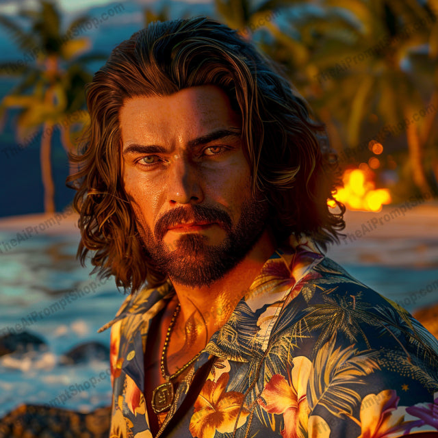 Tropical Beach Vibes Portrait AI MidJourney Image Prompt, 8159carefree, coastal, floral, island life, midjourney, nature, ocean, palm trees, paradise, relaxed, scenic, seaside, summer, sunlight, sunset, tropical beach, tropical shirt, vacation, vibrant, waves