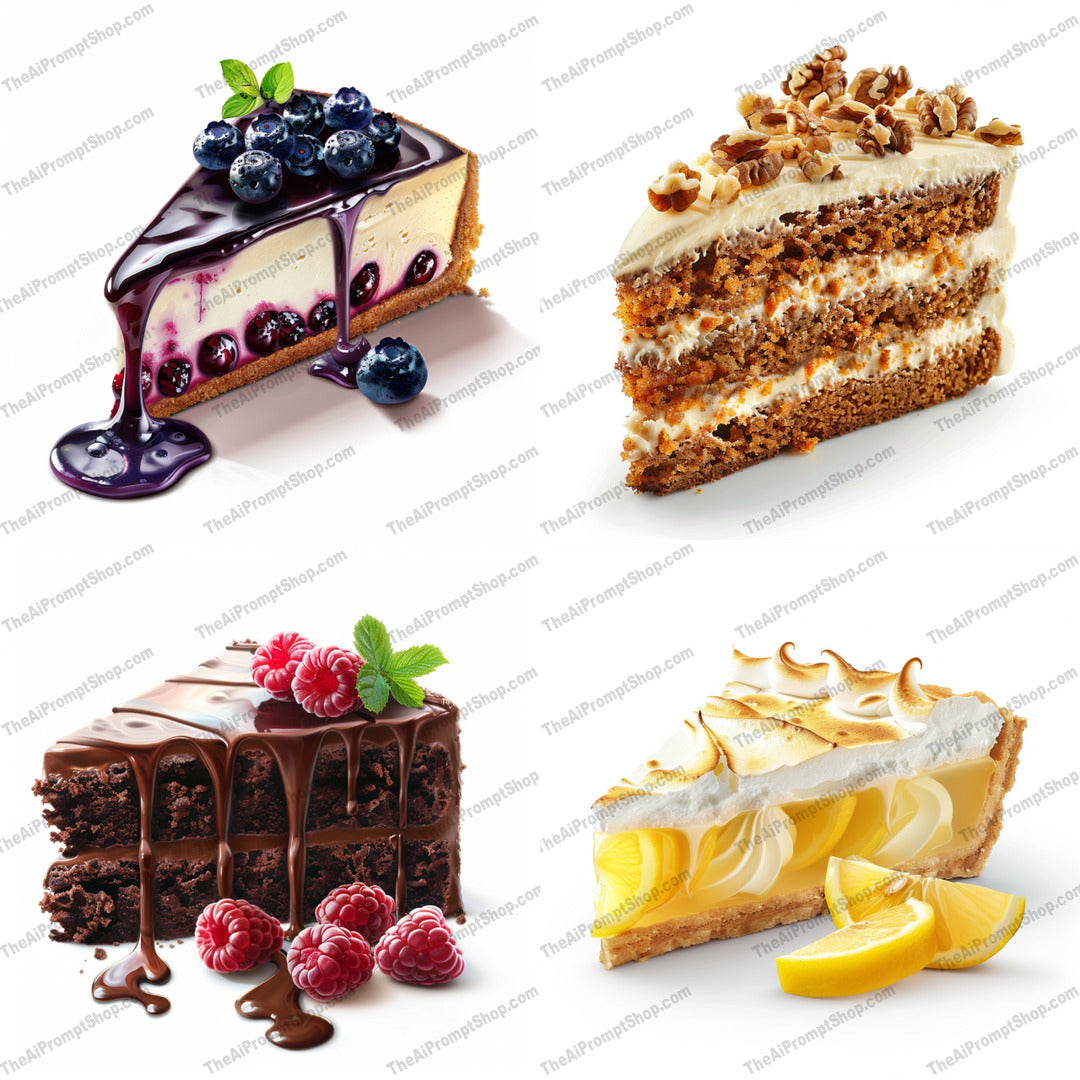 Delectable Dessert Slices AI MidJourney Image Prompt, 9534 Food, midjourney, desserts, cakes, cheesecake, carrot cake, chocolate cake, raspberry, blueberry, lemon meringue, sweets, food art, delightful, baking, pastries, gourmet, treats, indulgence, delicious, food photography, dessert illustration, culinary art, Midjourney, Ai, Ai Image Prompt, Image Prompt, Prompt