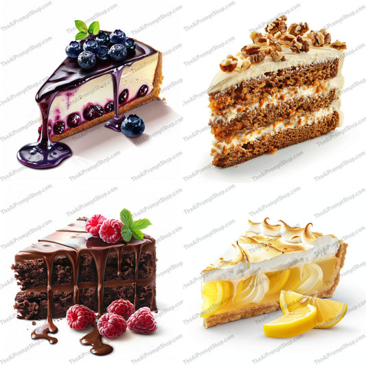 Delectable Dessert Slices AI MidJourney Image Prompt, 9534 Food, midjourney, desserts, cakes, cheesecake, carrot cake, chocolate cake, raspberry, blueberry, lemon meringue, sweets, food art, delightful, baking, pastries, gourmet, treats, indulgence, delicious, food photography, dessert illustration, culinary art, Midjourney, Ai, Ai Image Prompt, Image Prompt, Prompt