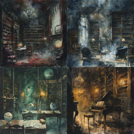 Atmospheric Vintage Library AI MidJourney Image Prompt, 9662 Storybook Illustrations, midjourney, vintage, library, atmospheric, books, chandeliers, wooden furniture, timeless, mystery, elegant, classic, ethereal, old books, antique, historic, study, interior design, warm lighting, reading room, sophisticated, book lover, Midjourney, Ai, Ai Image Prompt, Image Prompt, Prompt