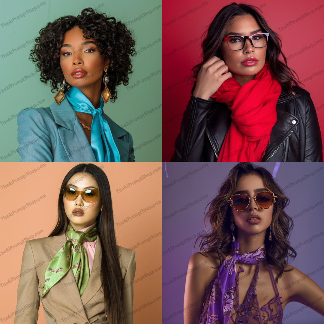 Stylish Scarf Fashion AI MidJourney Image Prompt, 9355 Fashion & Accessories, midjourney, fashion, scarf, style, elegance, sophistication, modern, timeless, accessory, trend, outfit, chic, classy, glamorous, vintage, bold colors, patterns, fashionista, wearable art, luxury, feminine, Midjourney, Ai, Ai Image Prompt, Image Prompt, Prompt