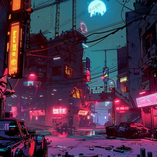 AI MidJourney Image Prompt, Neon Noir Narratives, 5140Advanced technology design, Animation, Atmospheric lighting, cartoon, Cyberpunk aesthetic, Digital art style, Dystopian vibe, Futuristic cityscape, Glowing elements, Metropolis concept art, midjourney, Neon color palette, Neon-lit visuals, Night-time ambience, Urban science fiction