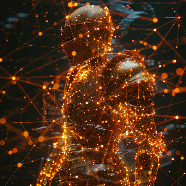 Futuristic Digital Silhouettes AI MidJourney Image Prompt, 9560 Futuristic, midjourney, futuristic, digital art, silhouettes, glowing, nodes, interconnected, abstract, modern, character design, ethereal, high-tech, neon, holographic, light effects, 3D art, visual art, tech aesthetic, glitch art, innovative design, cyber, Midjourney, Ai, Ai Image Prompt, Image Prompt, Prompt