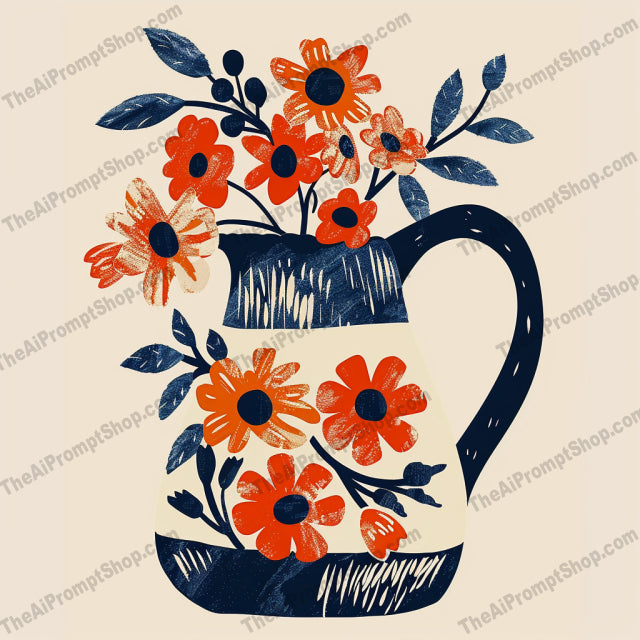 Vintage Floral Charm AI MidJourney Image Prompt, 8020artistic, botanical, charming, classic, country style, decorative, floral, flowers, home decor, midjourney, navy, nostalgic, orange, pitchers, retro, rustic, teapot, vases, vintage