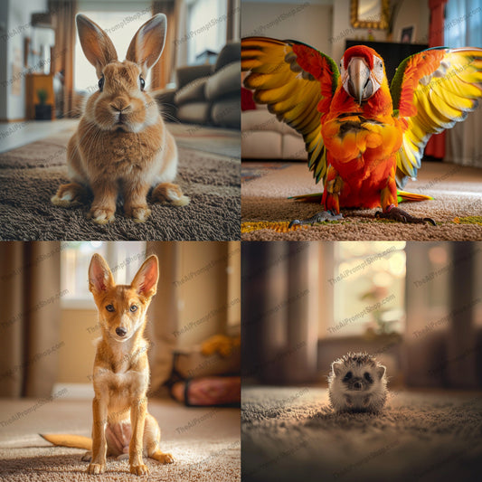 Cute Animal Portrait AI MidJourney Image Prompt, 9421 Animals, midjourney, cute, animal, portrait, indoor, cozy, soft lighting, warm atmosphere, adorable, bunny, parrot, dog, hedgehog, furry friends, pet, wildlife, home setting, pet lovers, animal photography, domestic animals, charming, Midjourney, Ai, Ai Image Prompt, Image Prompt, Prompt