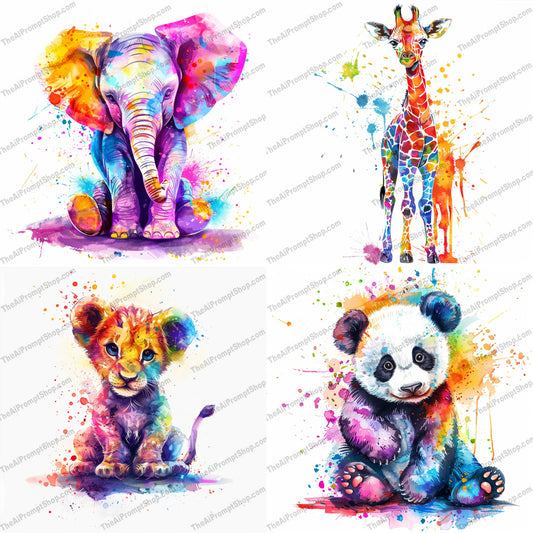 Colorful Baby Animals AI MidJourney Image Prompt, 9433 Animals, midjourney, baby animals, watercolor animals, colorful animals, elephant, giraffe, lion cub, panda, cute animals, animal art, animal illustrations, colorful art, whimsical animals, playful animals, color splash, vibrant animals, artistic animals, adorable animals, children's room decor, nursery art, animal prints, watercolor art, Midjourney, Ai, Ai Image Prompt, Image Prompt, Prompt