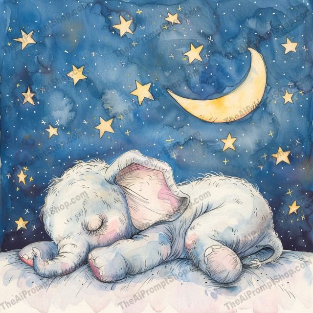 Dreamy Nighttime Animals AI MidJourney Image Prompt, 9658 Storybook Illustrations, midjourney, baby elephant, giraffe, koala, panda bear, sleeping animals, nighttime, starlit sky, crescent moon, whimsical, serene, dreamy, watercolor style, peaceful, cute animals, illustration, calm, wonder, children's art, nursery decor, animal art, Midjourney, Ai, Ai Image Prompt, Image Prompt, Prompt
